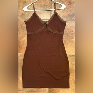 Divided Deep Brown Chemise Dress with Lace Accents